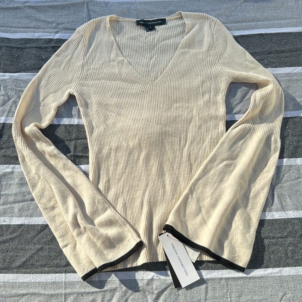 French Connection Virgie White Ribbed Bell Sleeve Sweater, Medium - Picture 3 of 7